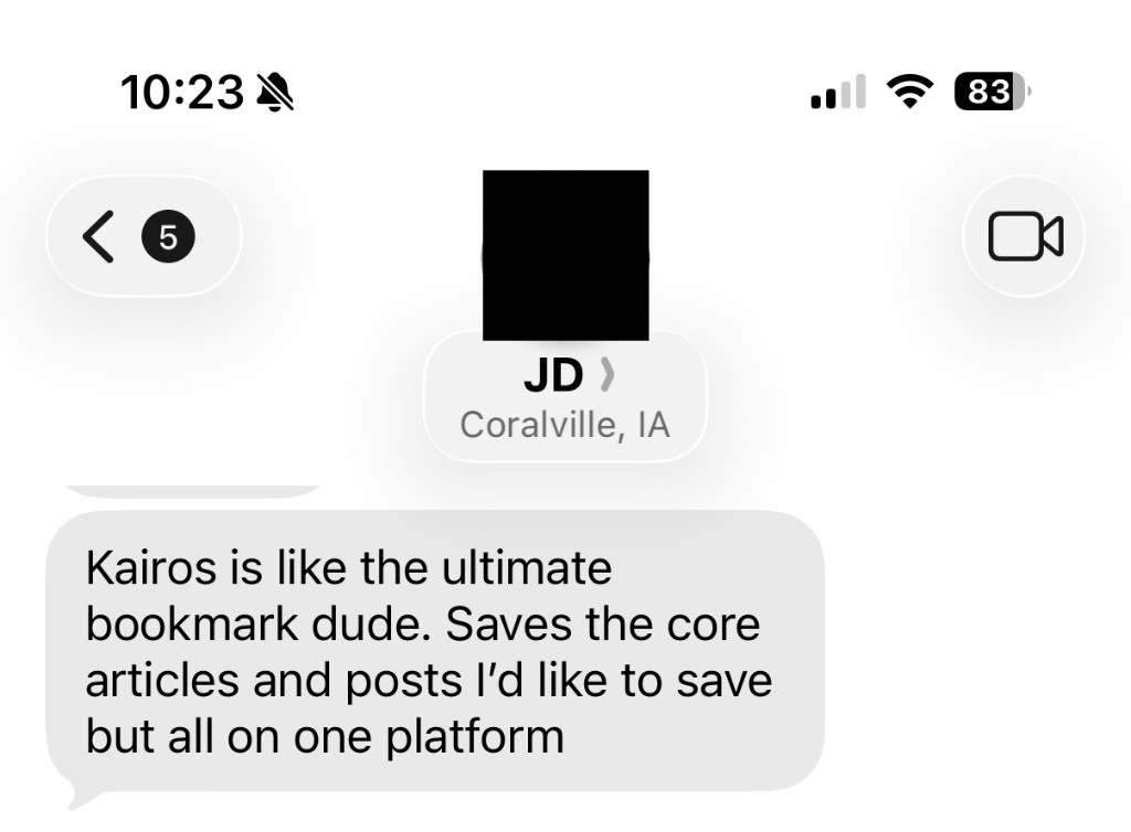 Kairos user JD: "Kairos is like the ultimate bookmark dude" — saves articles and posts in one place